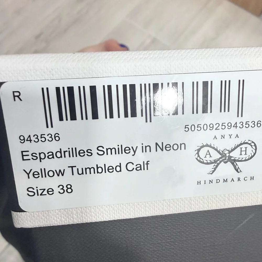 $600 Anya Hindmarch Espadrilles Smiley in Neon Yellow Tumbled Calf Size 38 8 - Picture 6 of 7